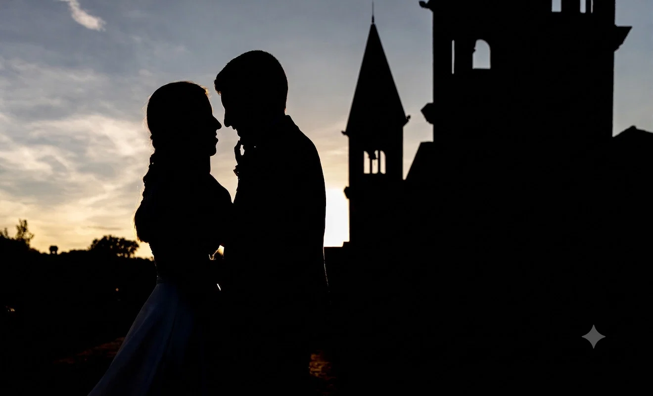 Silueta de los novios al atardecer en Aldea Santillana