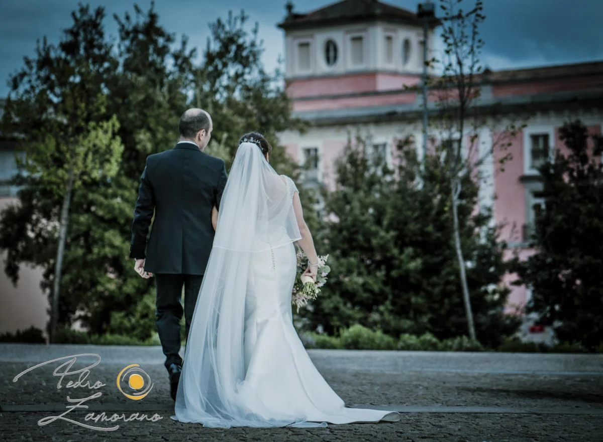 Pareja de novios de espaldas caminando hacia el palacio de Boadilla del Monte.