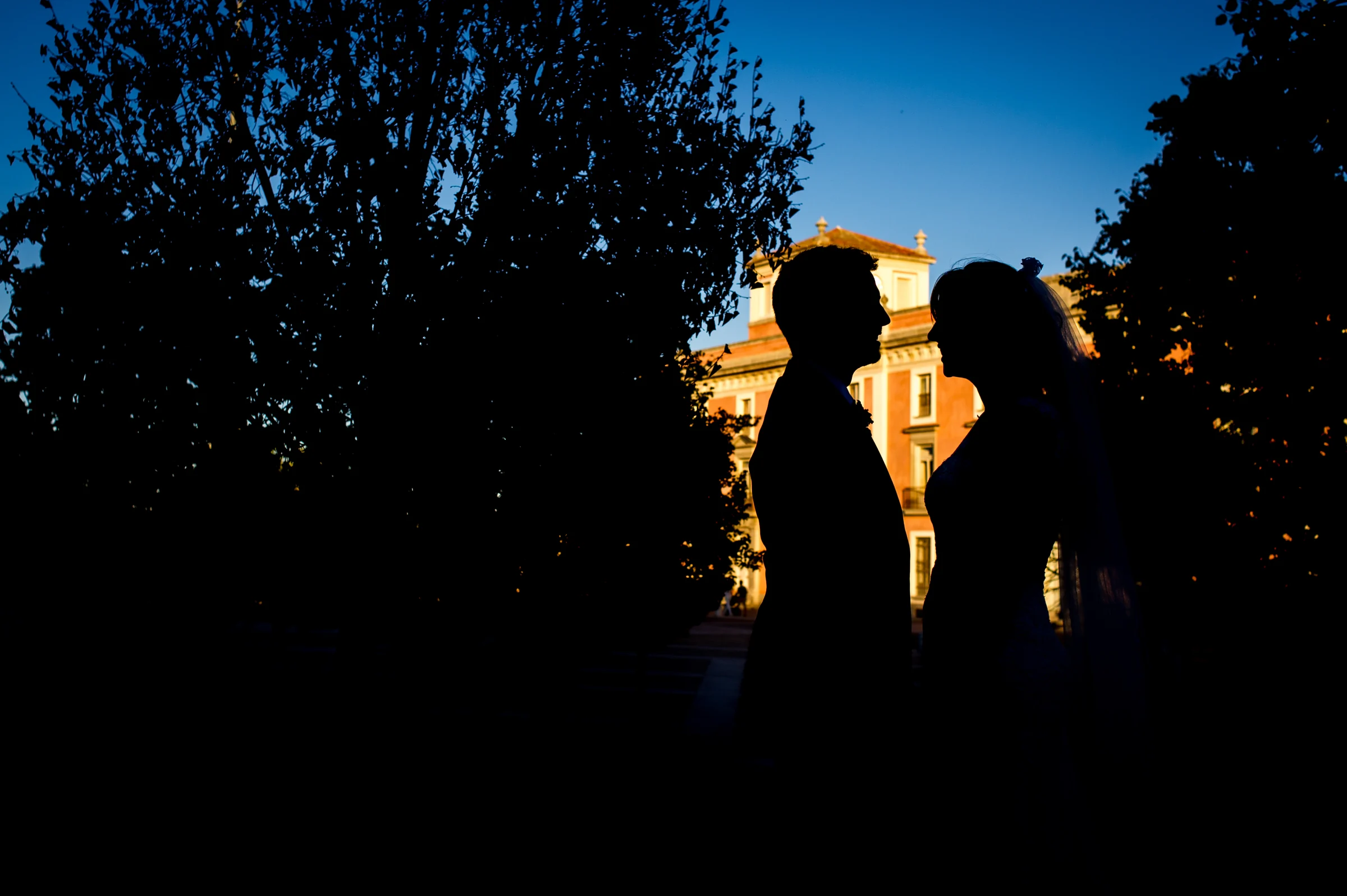 Silueta de una pareja de novios al atardecer con un edificio iluminado al fondo.