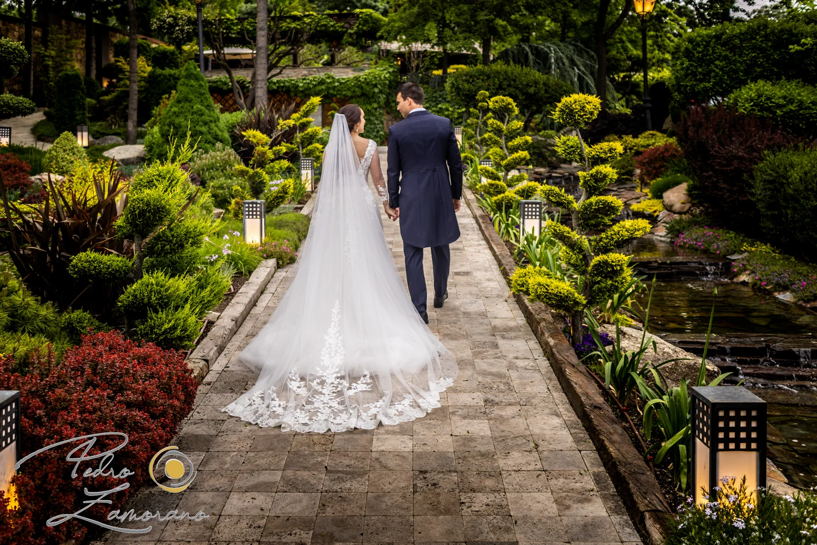 Pareja de recién casados caminando de la mano por los jardines de Hacienda Jacaranda.