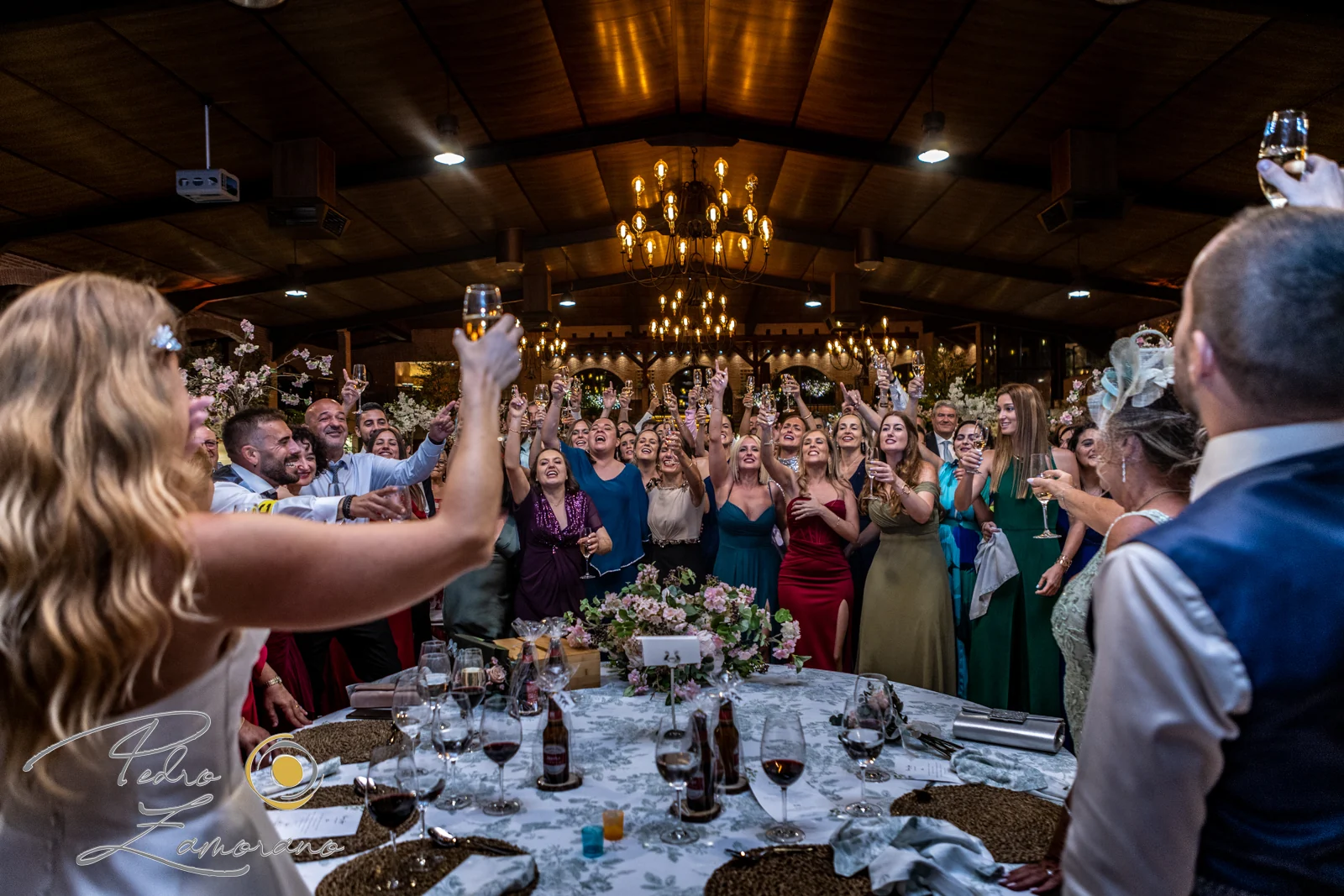 Invitados levantando sus copas durante un brindis en el salón de Hacienda Jacaranda.
