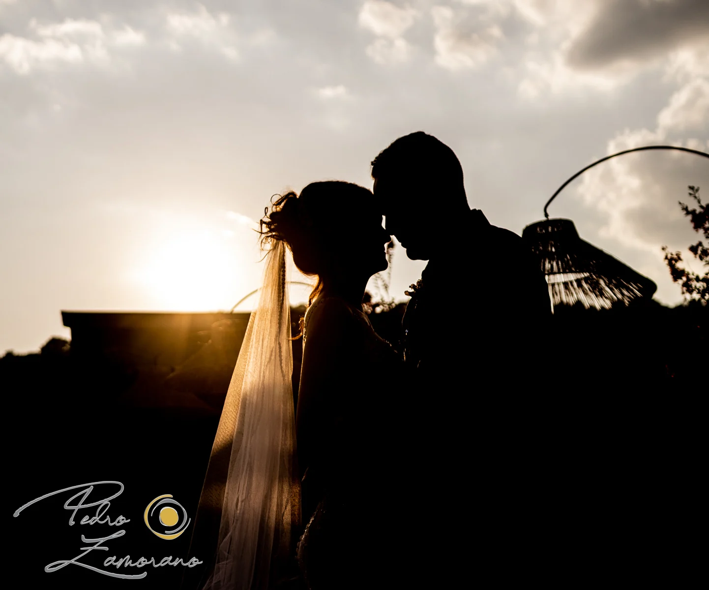 Silueta de los novios frente a la luz del atardecer en Hacienda Jacaranda.