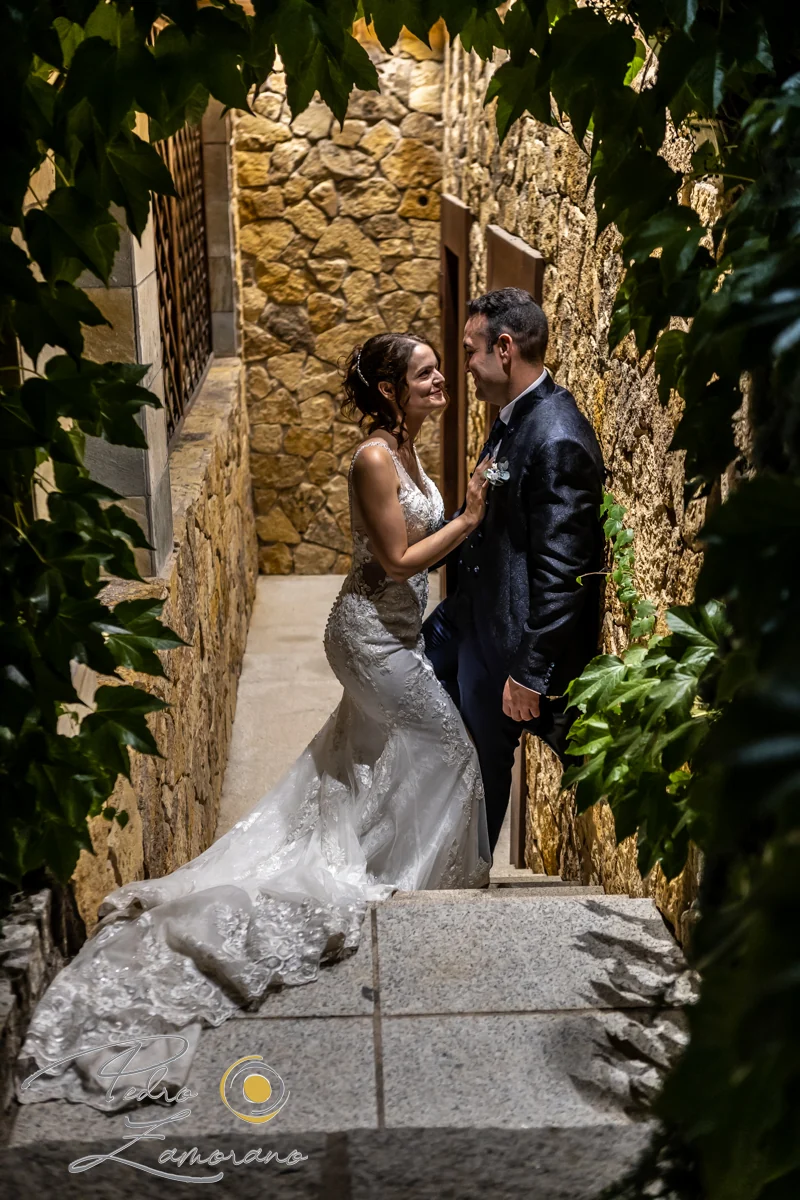 Novios posando en una escalera de piedra entre muros y vegetación de Hacienda Jacaranda.