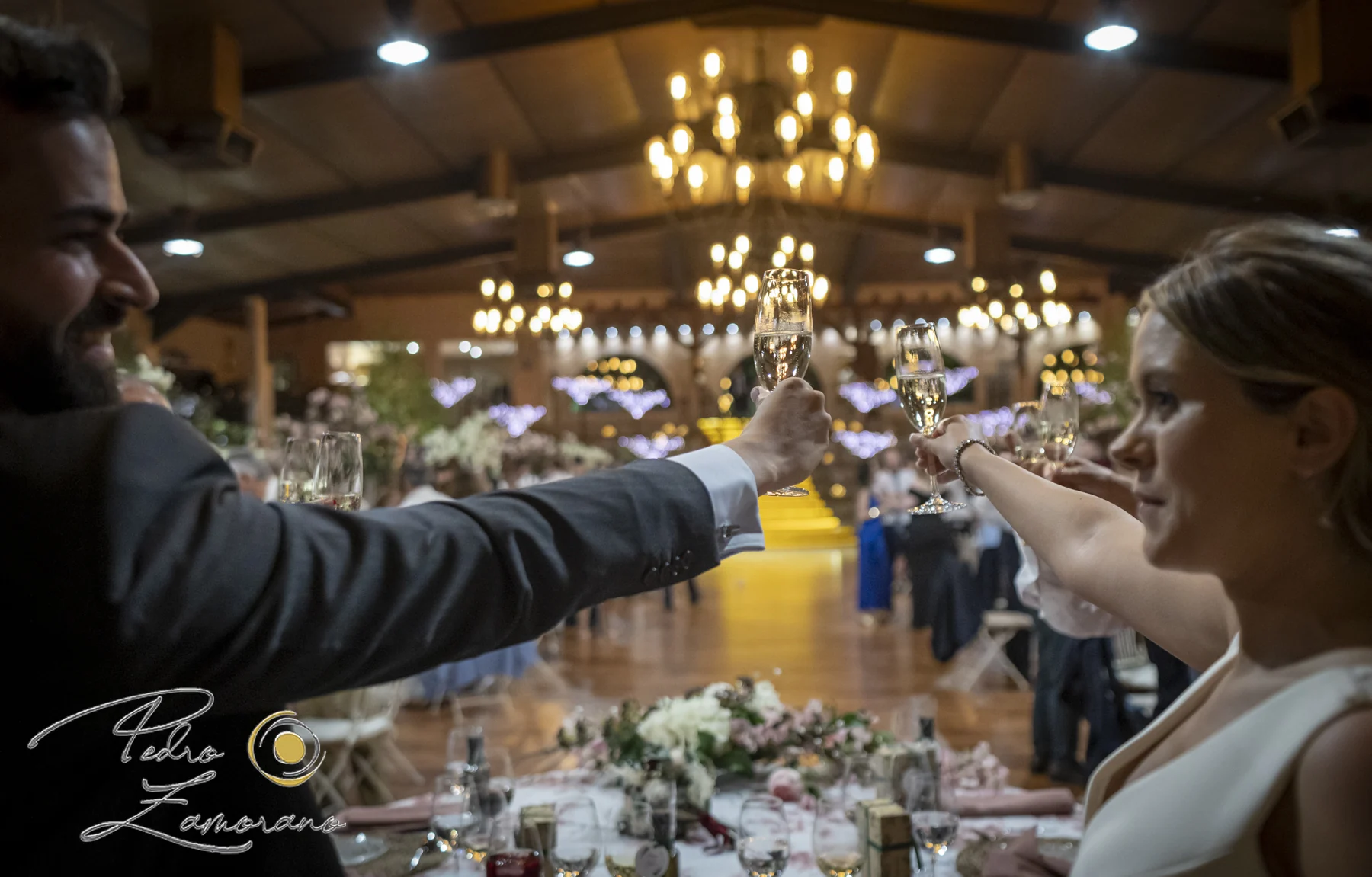 Pareja brindando con sus invitados durante el banquete en el salón de Hacienda Jacaranda.