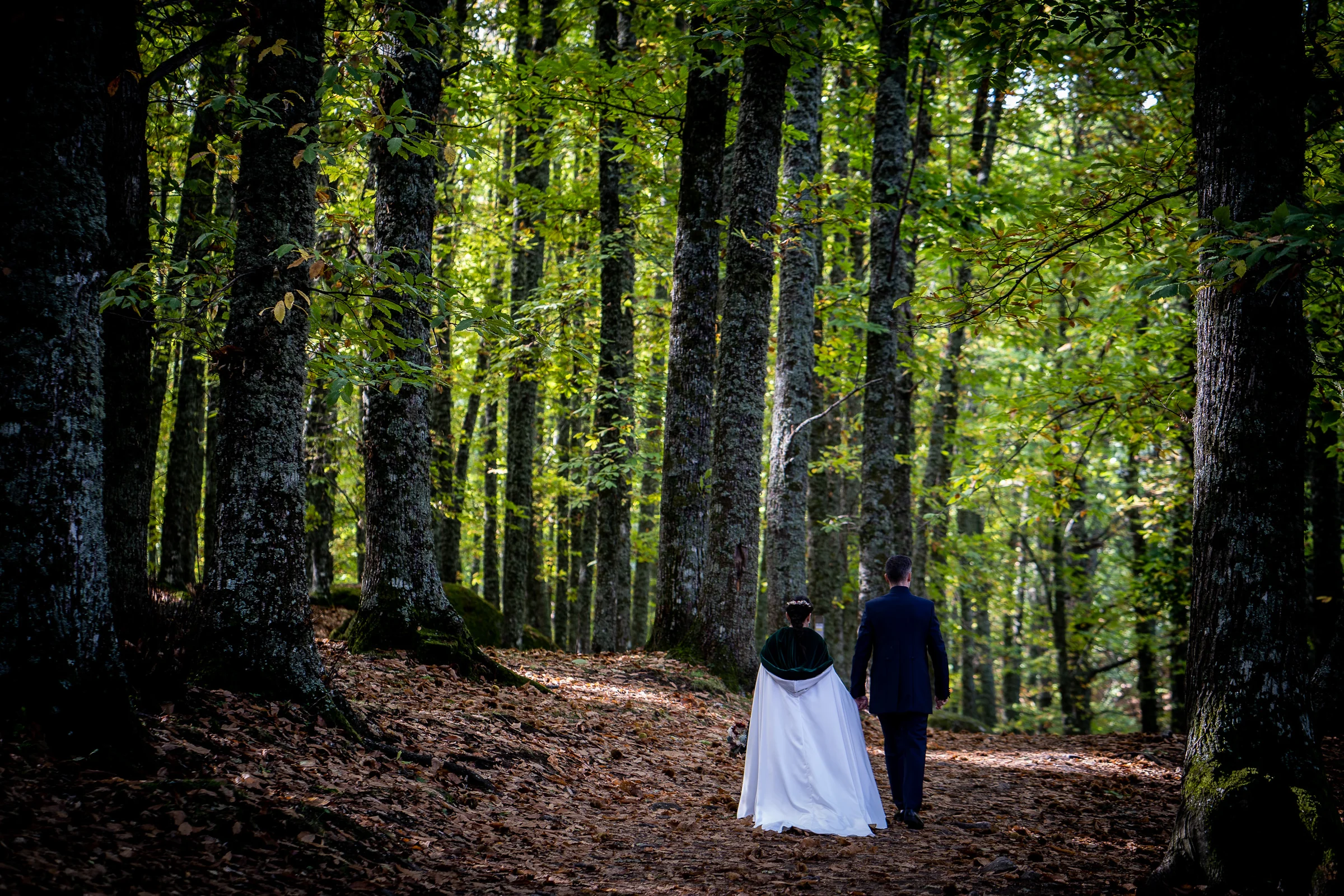 Idoya y Daniel caminan de espaldas por un sendero cubierto de hojas en el Castañar de El Tiemblo durante su postboda.