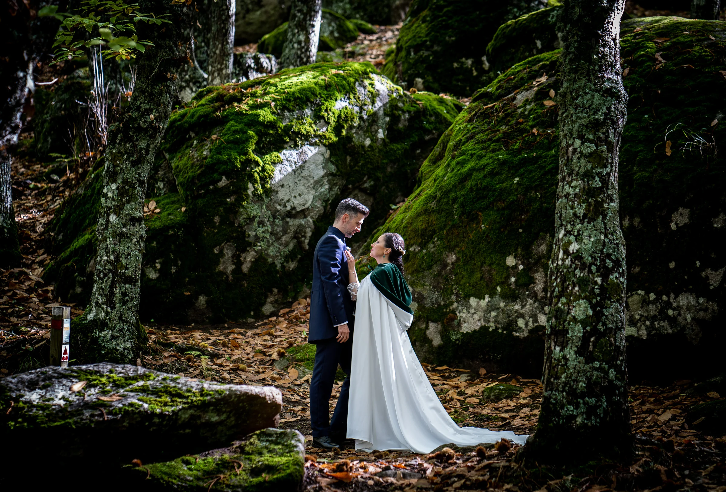 Idoya y Daniel se miran entre grandes rocas cubiertas de musgo en el Castañar de El Tiemblo durante su postboda.