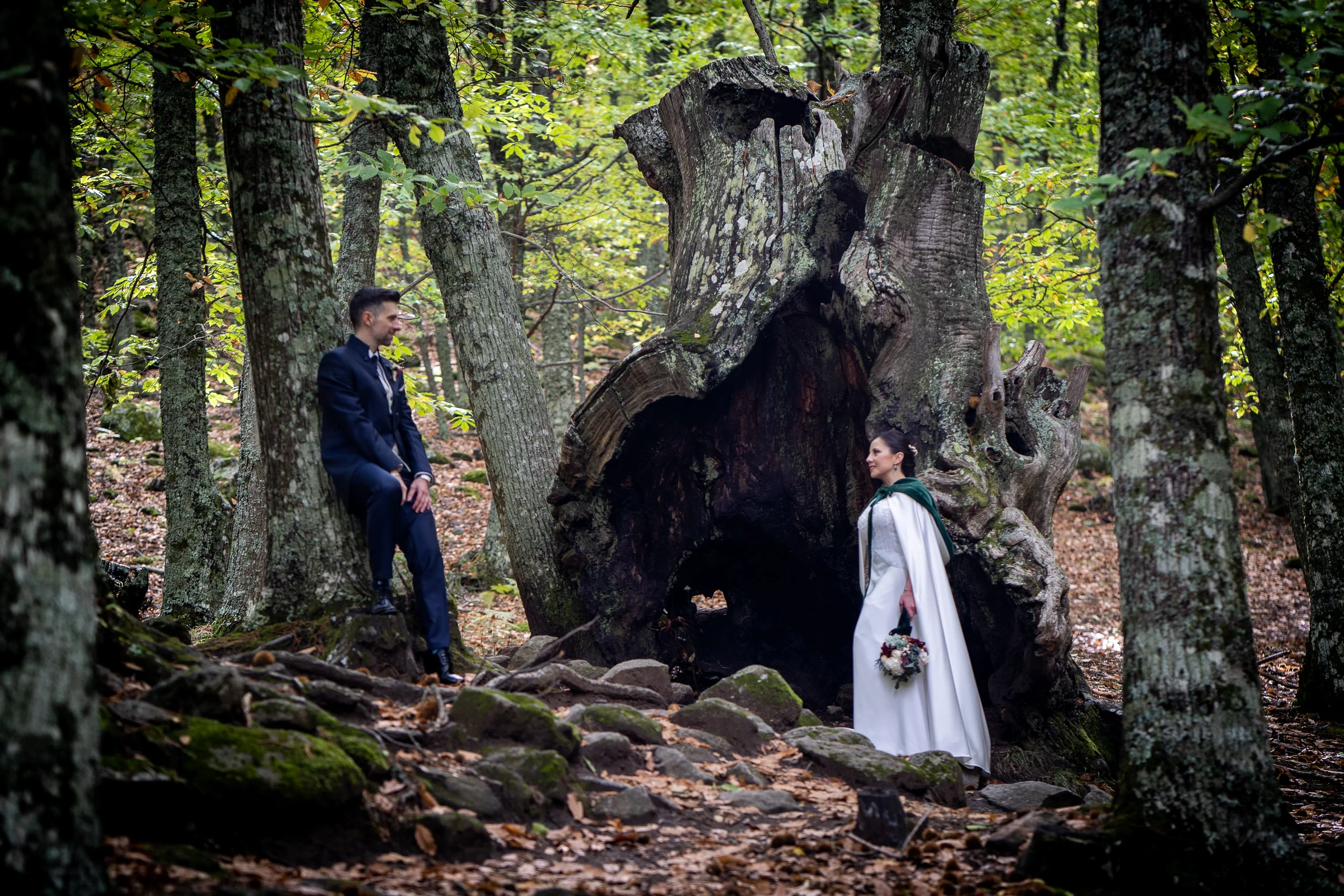 Idoya y Daniel posan a ambos lados de un gran castaño hueco durante su postboda en el Castañar de El Tiemblo.