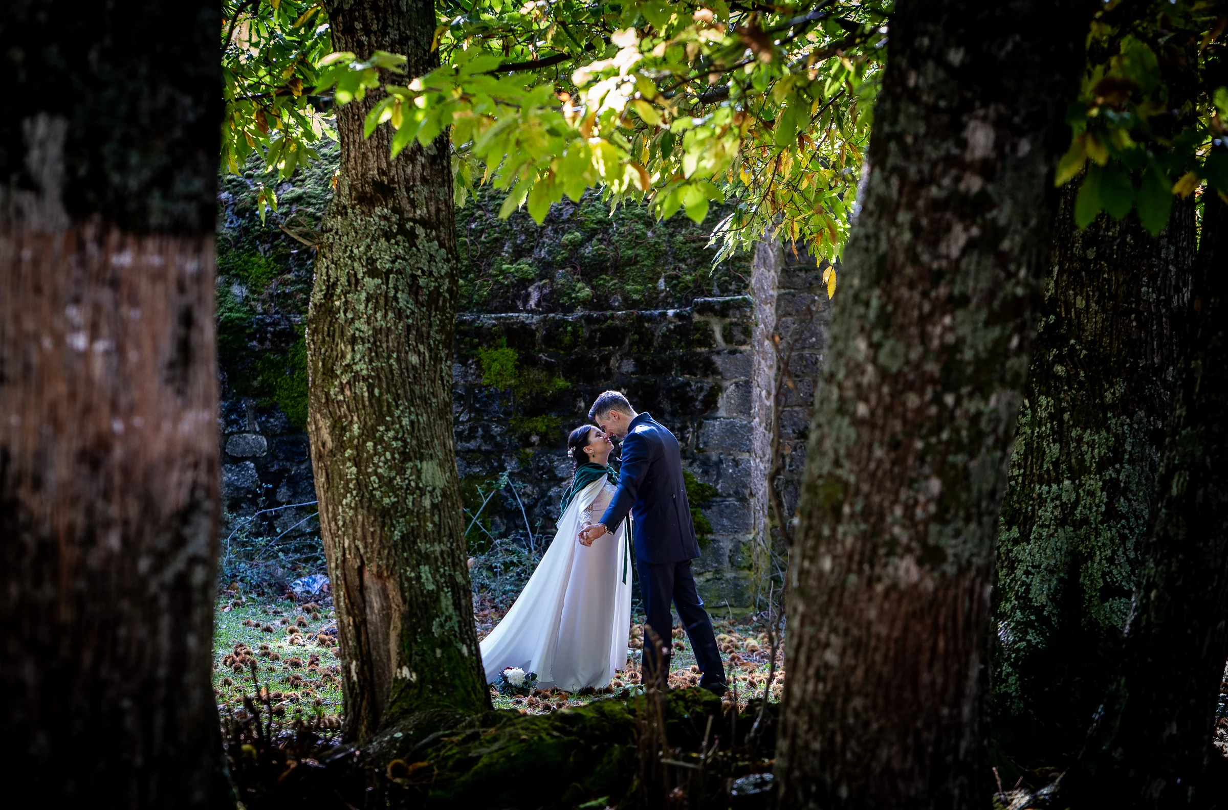 Idoya y Daniel se besan entre los castaños con un antiguo muro de piedra al fondo durante su postboda en El Tiemblo.