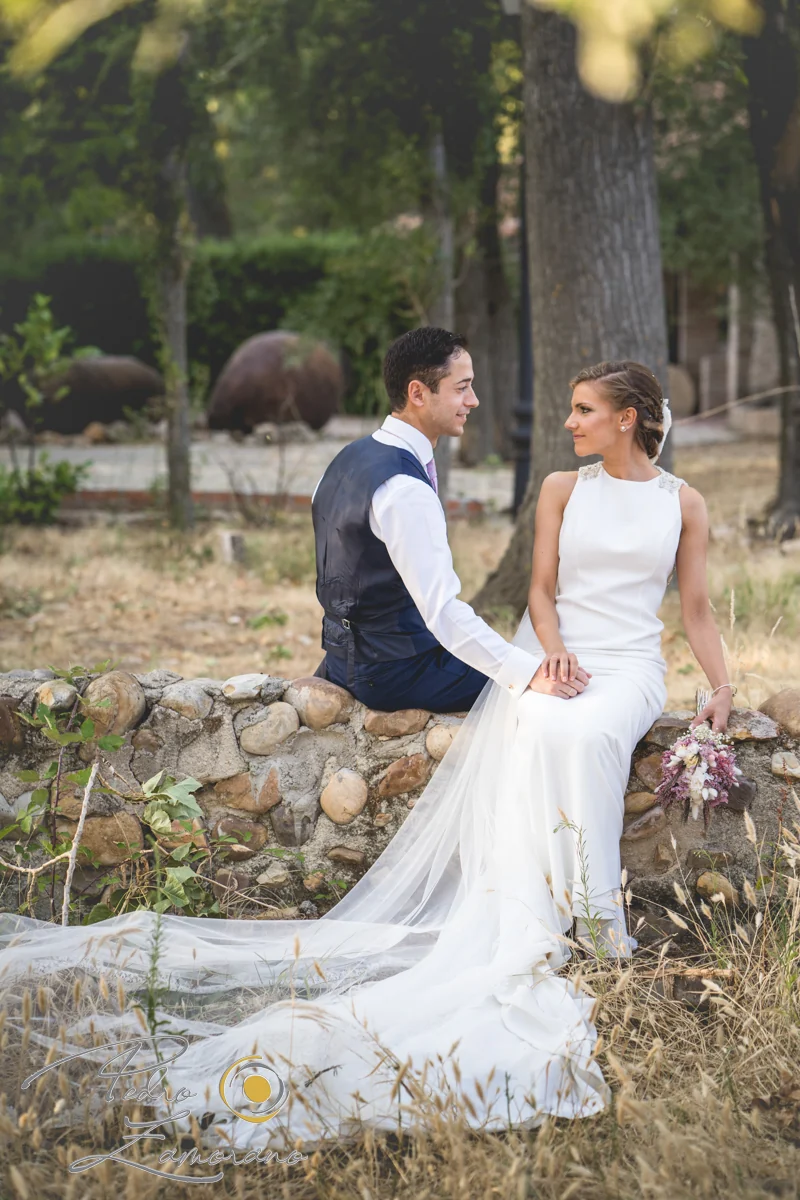 Novios sentados sobre un muro de piedra entre árboles durante una sesión de boda en Jardín El Botero.