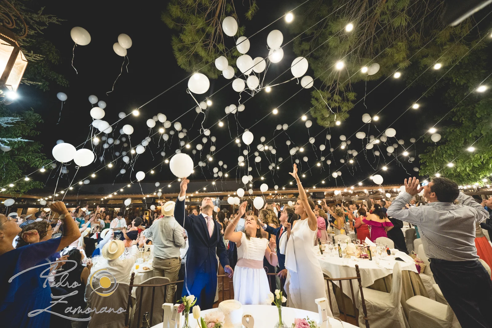 Novios e invitados celebrando una suelta de globos bajo las luces nocturnas de Jardín El Botero.