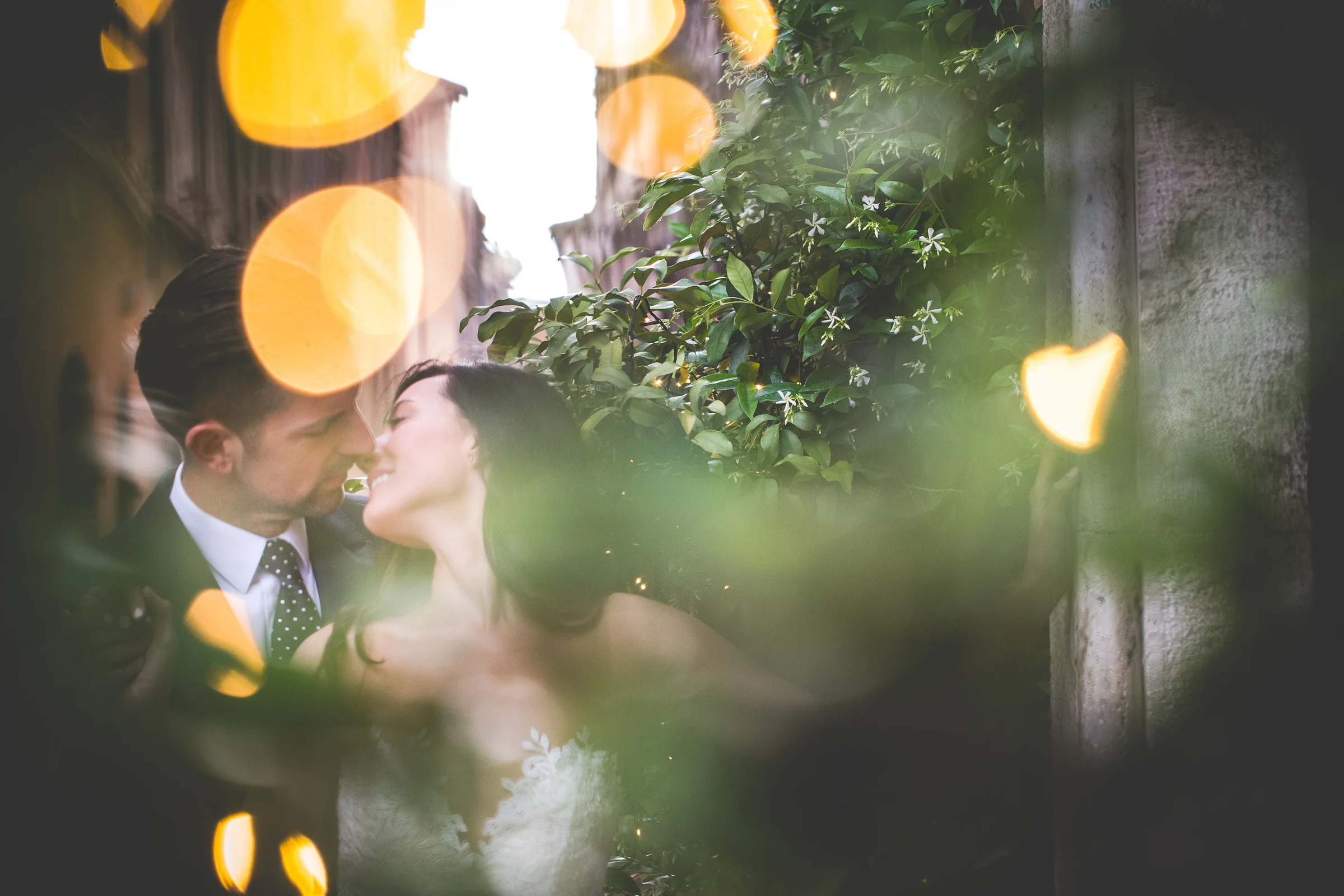 Los novios se besan entre vegetación y luces cálidas desenfocadas durante una sesión postboda en Centro histórico de Roma.