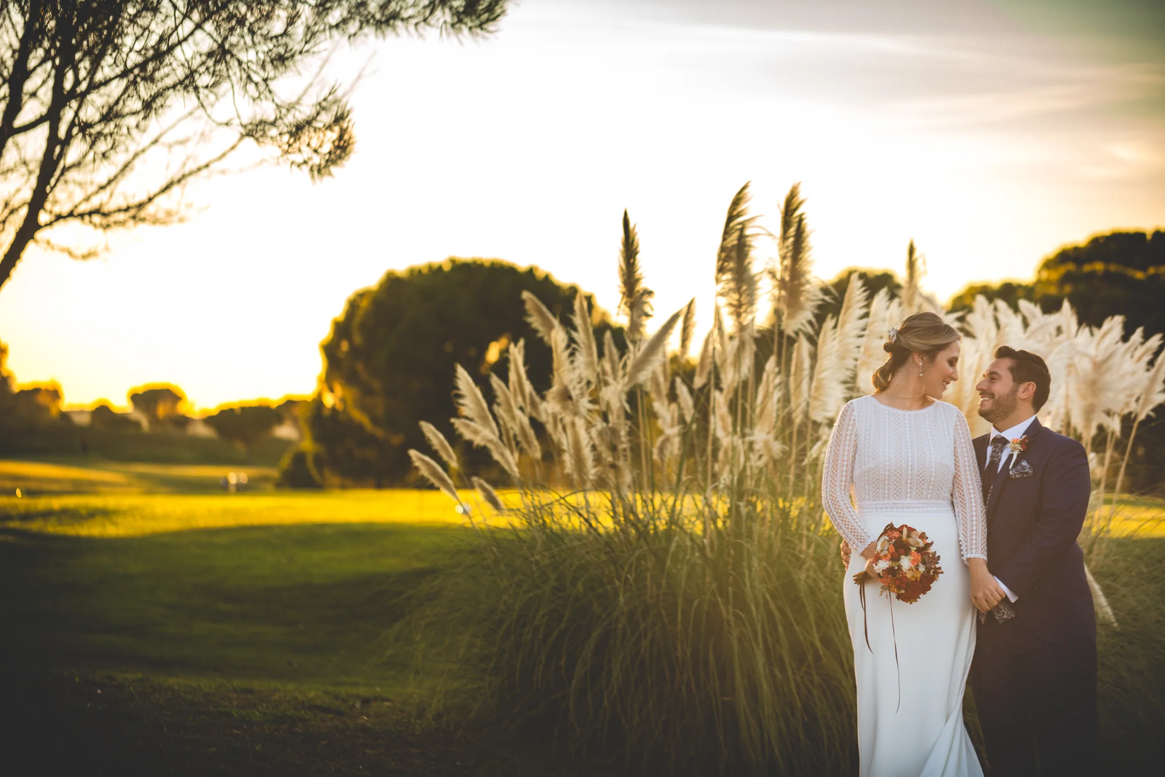 Los novios entre plumeros de pampa con la luz dorada del atardecer en Retamares Experience.