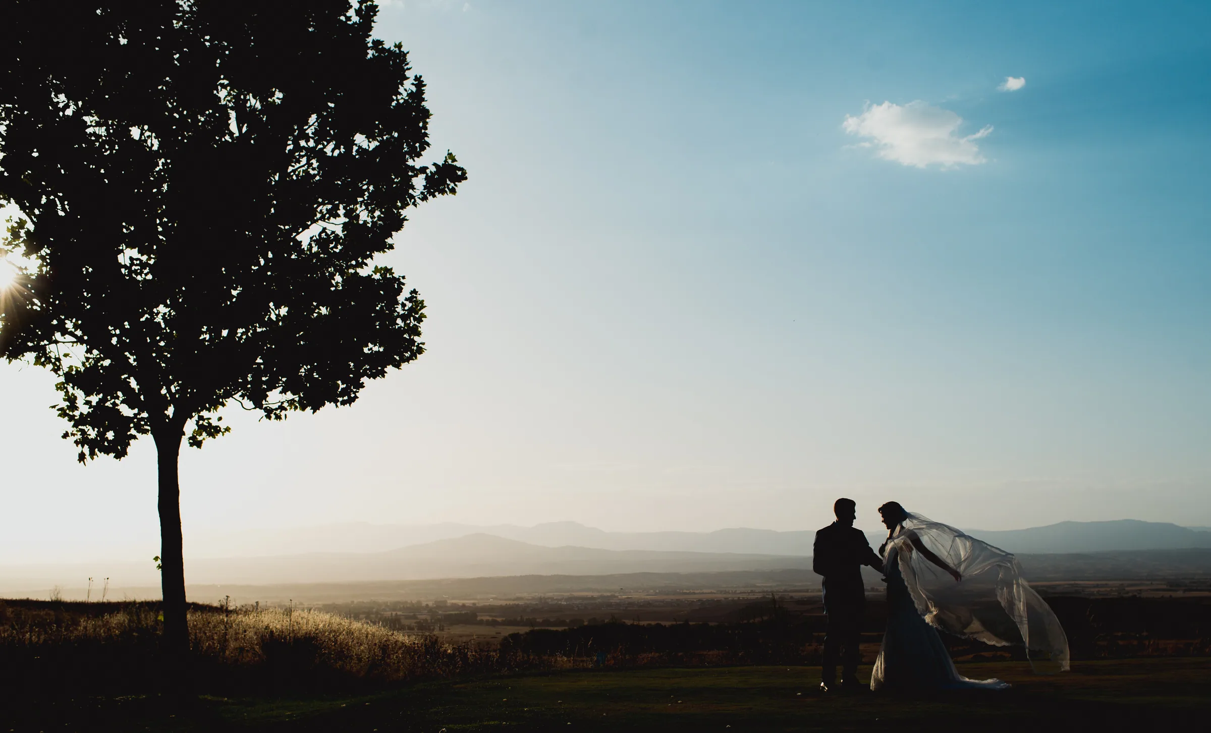 Silueta de los novios con el velo bajo un árbol solitario al atardecer en Retamares Experience.