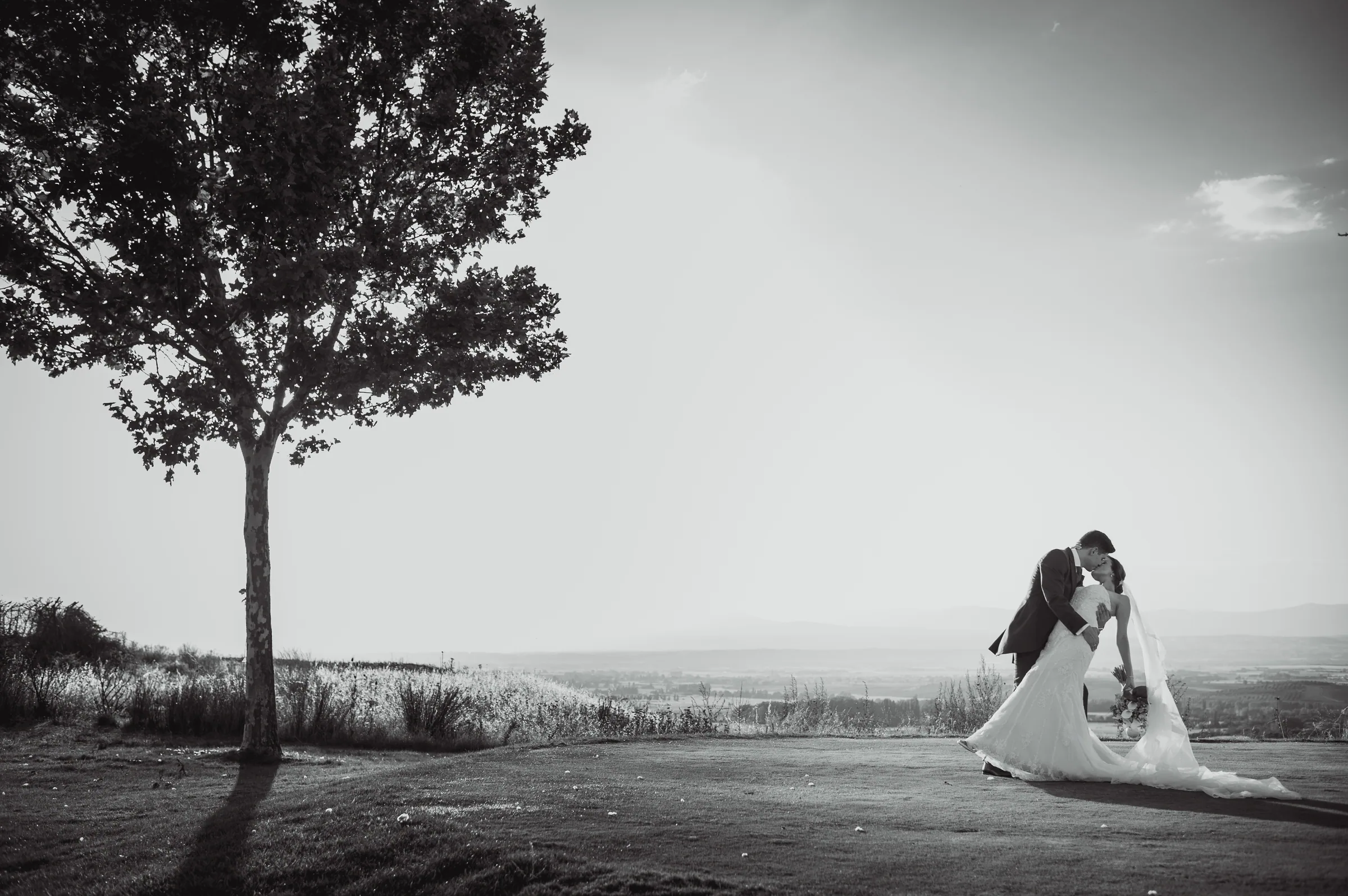 Beso de los novios bajo un árbol en blanco y negro en Retamares Experience.
