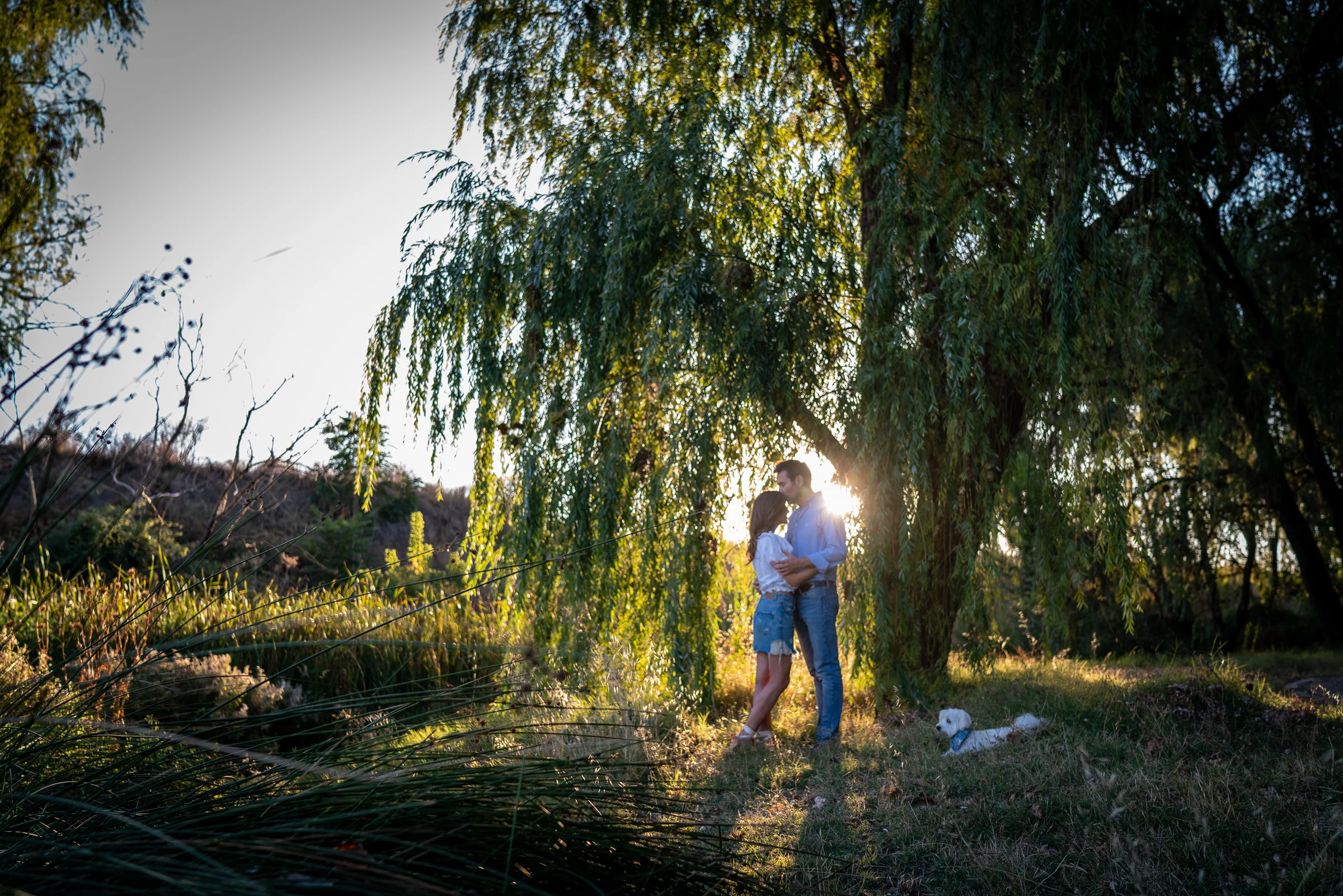Vanesa y Fran caminan abrazados por un sendero arbolado durante su preboda al atardecer en Madrid.